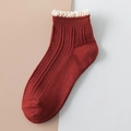 Calze retrò in cotone rosso vino per donna con bordo in pizzo color crema e trama a coste - Taglia unica / Borgogna