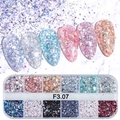 Macro view of 12-grid nail art glitter sequins set featuring mixed iridescent foil flakes - 12 Grids Irregular Aluminum Foil Flakes (F3.07)