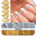 Macro detail of 12-grid gold and silver nail art glitters in a clear organizer box - 12 Grids Gold & Silver Mixed Sequins (FMG12)