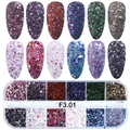 Detail of 12-color nail glitter set with various shapes in a transparent storage box - 12 Grids Ultra-Fine Colorful Sequins (F3.01)