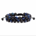 Detail of double-row lava rock and blue tiger eye stone bracelet with adjustable cord - Blue Tiger Eye Stone