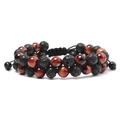Double-layer braided bracelet featuring red tiger eye and black lava rock beads - Red Tiger Eye