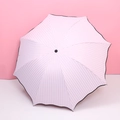 Pink and white striped sun umbrella with black trim and foldable 8-rib structure - Pink Ruffle Stripe