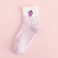 Japanese style crew socks featuring white wavy patterns and purple grape embroidery detail - One Size / Grapes