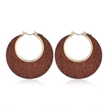 Vintage geometric round wooden hoop earrings with dark brown finish and gold metal frame - Brown