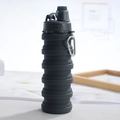 Collapsible dark grey silicone sports bottle with metal carabiner for travel - 500ml / Black (Pointed Mouth)