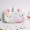 Rainbow plush unicorn pencil case with a 3D golden horn and embroidered closed eyes - Rainbow