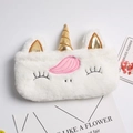 White plush unicorn pencil case with golden horn and soft faux rabbit fur texture - White