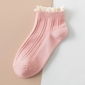 Japanese style pink cotton ankle socks with delicate white lace trim and ribbed texture - One Size / Pink