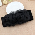 Classic black elastic wide waist belt for women featuring double floral decorative accents - 65cm / Black