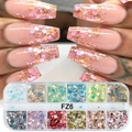 Detailed view of 12-grid nail glitter flakes with holographic butterfly heart shapes - 12 Grids Holographic Mixed Sequins & Glitter (FZ6)