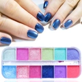 Detail of 12-color metallic nail glitter palette with blue pearl finish on long nails - 12 Colors Pearlescent Powder Palette (ZGF)