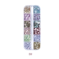 Detail view of 12-grid nail art glitter set with mixed shapes in a clear plastic organizer - 12 Grids Mixed Shape Sequins (DJ)