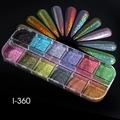Detailed macro view of 12 colors holographic fine nail glitter flakes in storage box - 12 Grids Holographic Fine Sequins (I360)