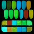 Close-up of 12 colors luminous nail glitter set glowing in the dark with display tips - 12 Colors Luminous Glow in Dark Powder Set (Luminous Powder)