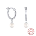 Classic S925 sterling silver hoop earrings with round white freshwater pearls - Minimalist Hoop Pearl Earrings / White Gold