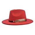 Detail of red wool fedora featuring a gold leaf buckle and black leather band decoration - Adult 56-60cm / Red