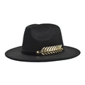 Detail of black wool fedora hat featuring a golden wheat ear metal buckle on ribbon - Adult 56-60cm / Black