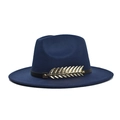 Detail of dark blue fedora hat featuring a black belt and golden feather metal buckle - Adult 56-60cm / Navy Blue