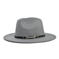 Close-up of grey felt fedora hat featuring a black leather band and gold metal buckle - Adult 56-60cm / Gray