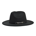 Close-up of black wool fedora hat with leather band and metallic chain buckle detail - Adult 56-60cm / Black