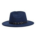 Detail of dark blue fedora hat with black leather band and golden metallic horsebit buckle - Adult 56-60cm / Navy Blue