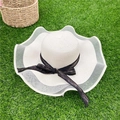 Women's summer straw hat with large brim, lace trim and elegant black ribbon detail - Creamy White