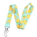 Detail of light blue lanyard featuring yellow lemon patterns and sturdy metal lobster clasp - Lemon