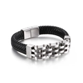 Braided black leather bracelet for men with triple row silver metal blocks and magnetic clasp - 21cm Steel Color