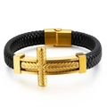 Bracciale punk da uomo in pelle nera intrecciata con ciondolo a croce dorata e chiusura - 19cm / Oro
