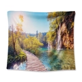 Bohemian wall tapestry featuring lush forest waterfall and crystal blue lake scenery - Lakeside Path (GT110055) / 73X95CM/Brushed Fabric