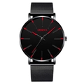 Reloj minimalista negro de malla de acero con índices rojos y logo de Geneva - Caja Negra Esfera Negra Aguja Roja Correa Malla Negra