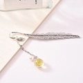 Silver feather metal bookmark with white pearl and yellow dried flower glass ball - Yellow Babysbreath