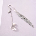 Silver metal feather bookmark with natural dandelion seed glass ball and leaf pendant - Dandelion