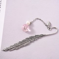 Vintage silver feather bookmark with pink dried flower glass ball and pearl charm - Pink Gypsophila