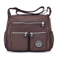 Brown multi-pocket nylon crossbody bag for women with adjustable shoulder strap and logo - Coffee