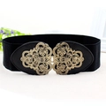 Women's black wide elastic waist belt featuring a vintage gold baroque floral buckle - EL28
