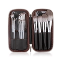 Detailed view of 12 makeup brushes with silver handles in a brown leather storage case - With Zipper Storage Bag (Silver Grey)