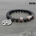 Bracciale in perline di occhio di tigre e lava con ciondolo Albero della Vita su legno - Pietra Maculata Rosa (6323A)