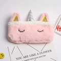 Pink plush unicorn pencil case with sequin ears and embroidered eyelashes for students - Pink