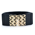 Women's black elastic wide waist belt with golden hollow buckle and rhinestones - EL35