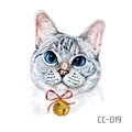 Watercolor kitten temporary tattoo sticker CC-019 with blue eyes and a red bow tie - Blue Eyed Cat With Bell (CC-019)