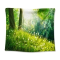 Nature wall tapestry featuring green forest trees and white dandelions in sunlight - Dandelion Forest Morning Light / 73X95CM (Cross-border Brushed)