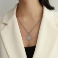 Silver oval pendant necklace featuring a vintage withered rose engraving on a metal chain - P1022 Steel Silver One Rose Flower