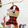 Fish-shaped red and black buffalo plaid Christmas stocking with burlap pocket and paw print - Fish Shape Red Black Plaid