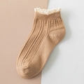 Khaki low cut cotton socks for women with delicate white lace trim and ribbed texture - One Size / Khaki
