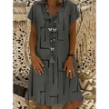 Dark grey plus size V-neck dress with abstract lines and bohemian style jewelry - S / Gray