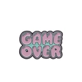 Macro detail of Game Over enamel pin with pink and green colors and metal edge - Pixel Lettering (XZ2118)
