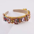 Baroque wide headband with multi-colored crystals on a yellow satin base for festive events - A Yellow Multicolor
