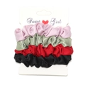 Set of four satin scrunchies in pink green red and black on a Sweet Girl display card - RT-229-O (4-Piece Satin Multicolor Set)